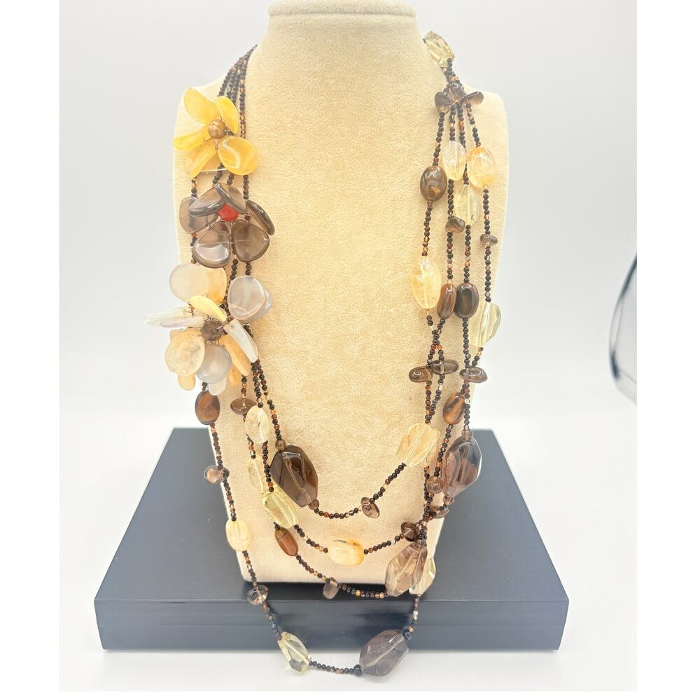 Semi-precious Stone Floral Necklace w/ Citrine, Quartz, Agate - Mid 2000s